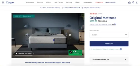 Casper original mattress product page 