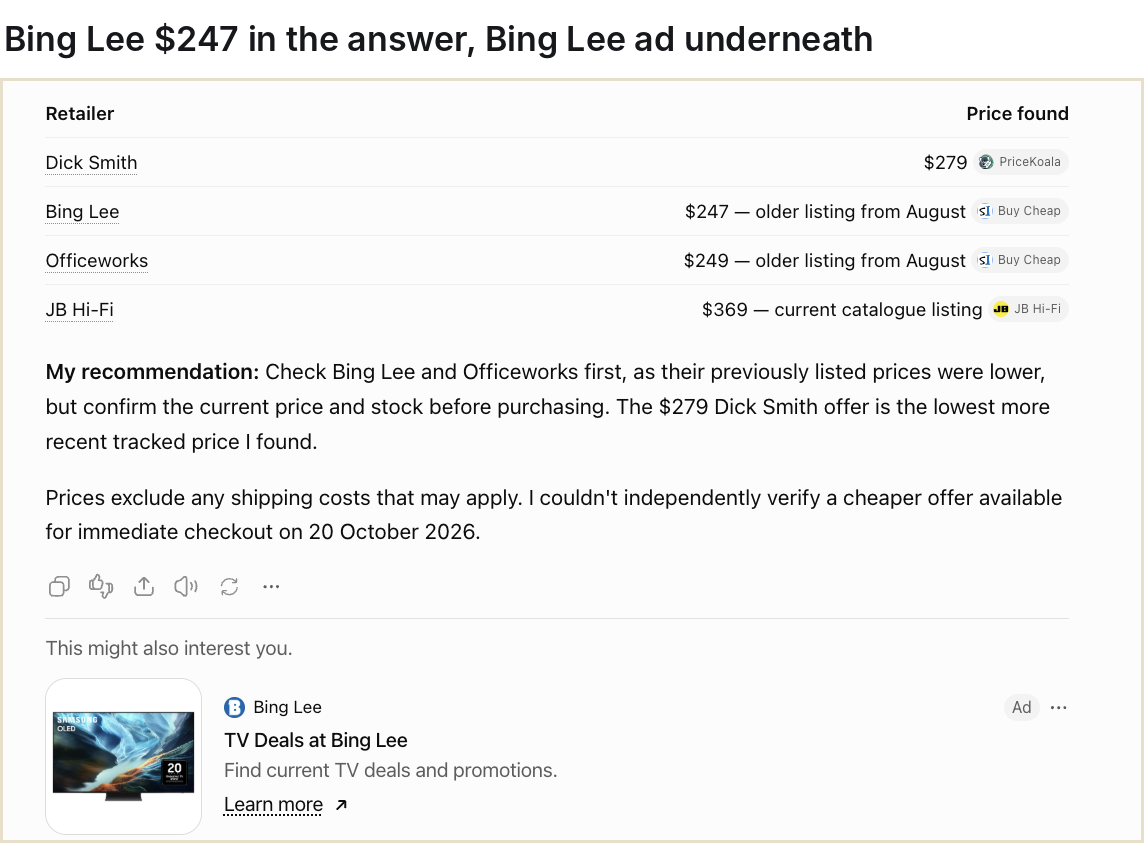 ChatGPT quoting Bing Lee at $247 for the Kindle Paperwhite, with a Bing Lee ad directly underneath