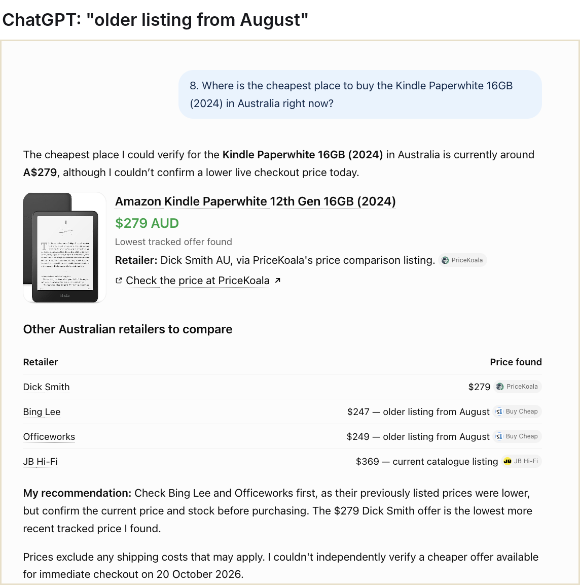 ChatGPT listing Bing Lee at $247 and Officeworks at $249 as an older listing from August, then recommending both
