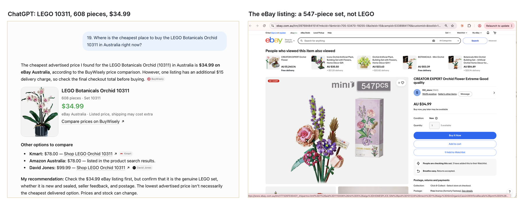 ChatGPT describing a $34.99 eBay listing as the 608-piece LEGO Orchid 10311, next to the listing, a 547-piece set from another maker
