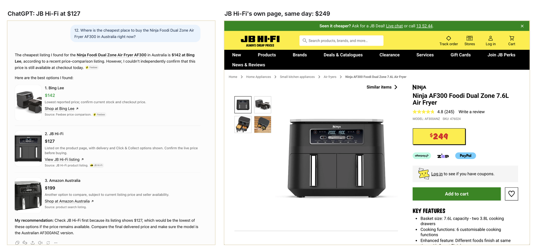 ChatGPT recommending JB Hi-Fi for the Ninja AF300 at $127, next to JB Hi-Fi's product page showing $249 the same day