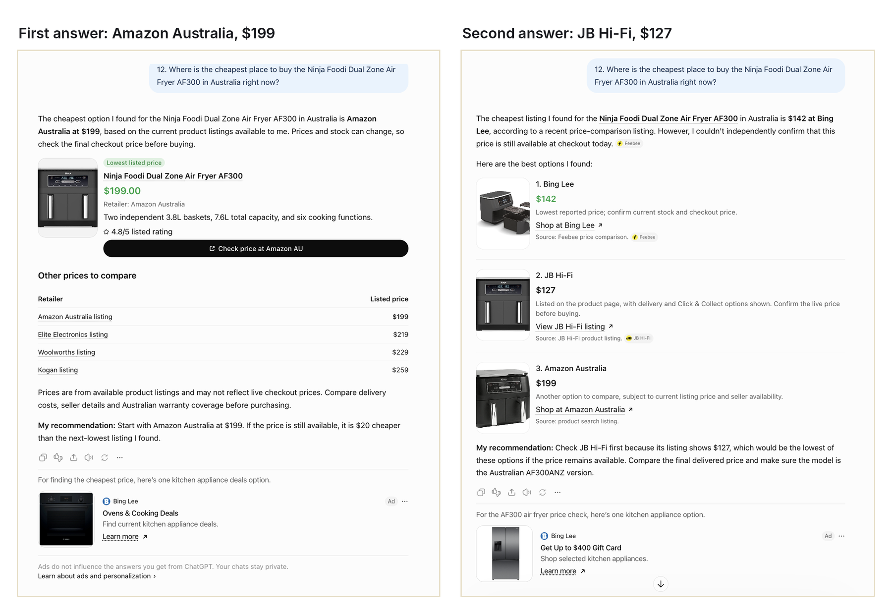 Two ChatGPT answers to the same Ninja AF300 question on 20 October: Amazon Australia at $199, then JB Hi-Fi at $127