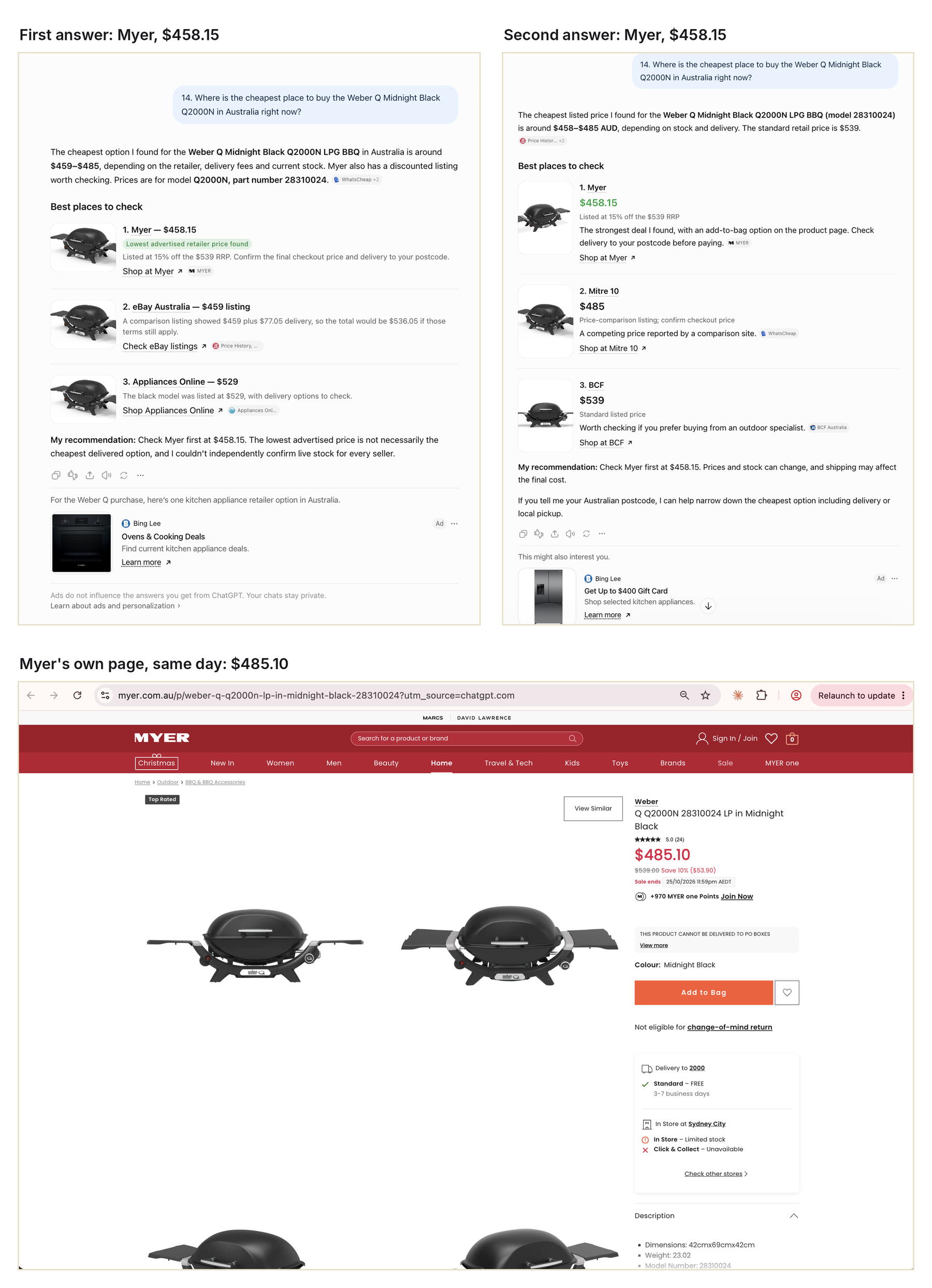 Both ChatGPT answers recommending Myer at $458.15 for the Weber Q2000N, and Myer's product page showing $485.10 the same day