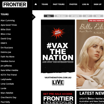 Vax the Nation campaign poster with Billie Eilish on Frontier website.