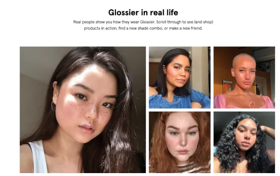 Collage of diverse women wearing Glossier makeup in natural light.