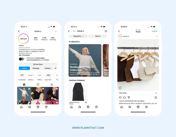 Three mobile screens showing a fashion brand's Instagram profile and posts.