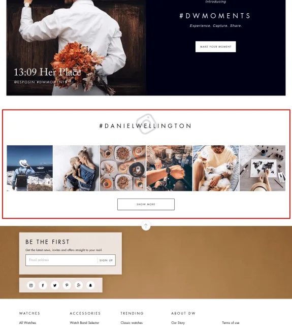 Daniel Wellington promotional content with gallery of lifestyle images and branding.