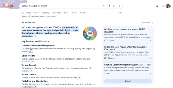 Google search results page with content management system overview and features.