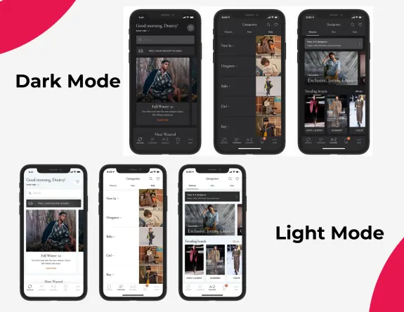 Mobile app showing dark and light mode UI with fashion categories and images.