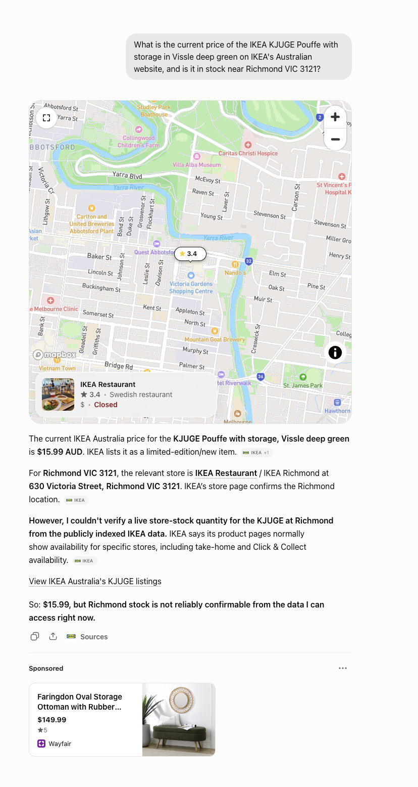ChatGPT's answer about the $15.99 IKEA KJUGE pouffe at IKEA Richmond