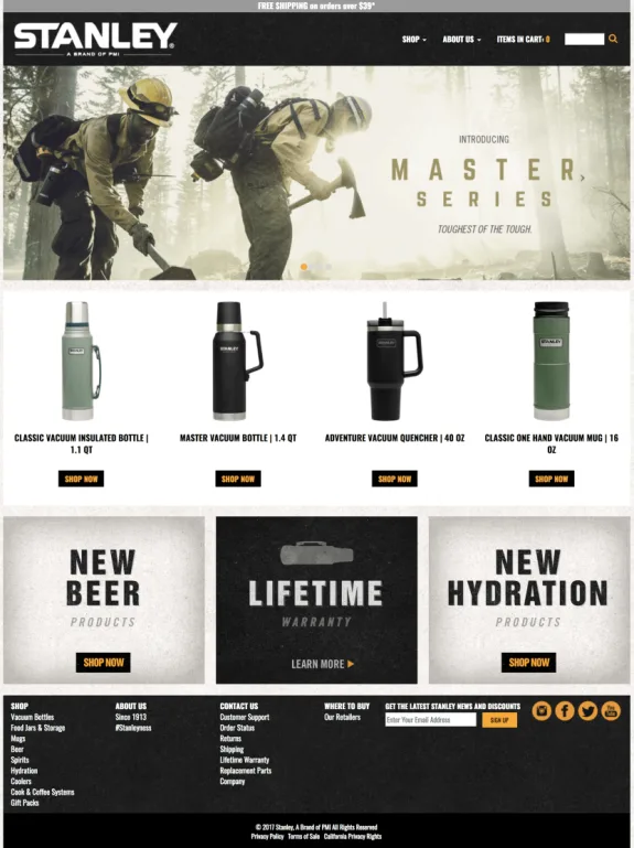 Stanley Master Series promotion featuring vacuum bottles and mugs with lifetime warranty.