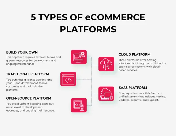 Infographic showing five types of eCommerce platforms with descriptions and icons.