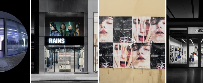 Collage of Rains storefronts and advertisements showcasing urban fashion.