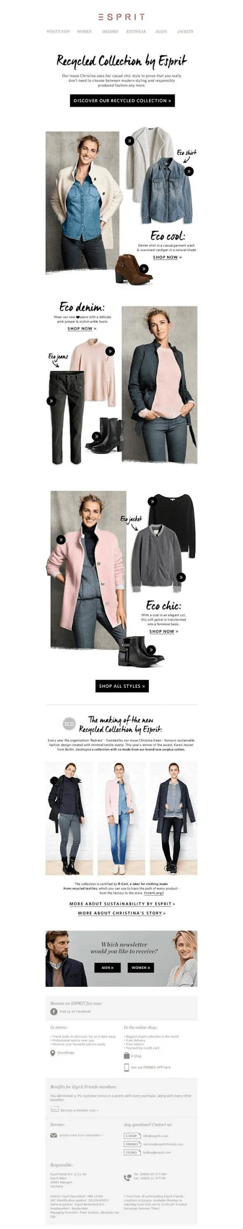 Esprit recycled collection featuring eco-friendly clothing and fashion styles.