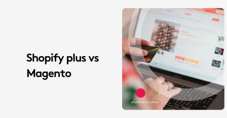 Person holding credit card shopping online, text Shopify plus vs Magento