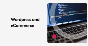Laptop screen displaying code with text Wordpress and eCommerce on white background.