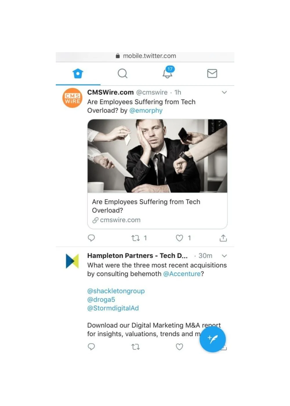 Twitter post about employees suffering from tech overload by CMSWire.
