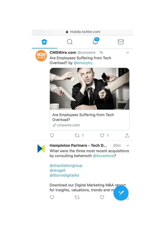 Twitter post about employees suffering from tech overload by CMSWire.