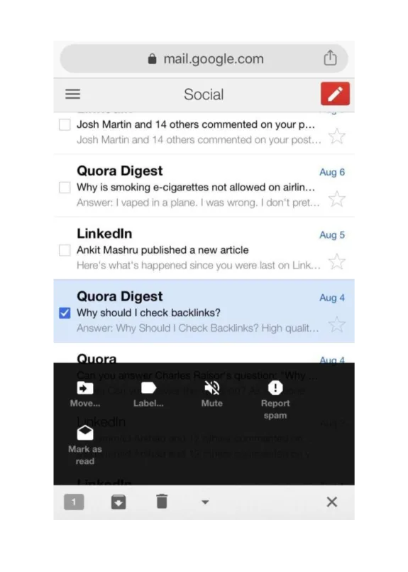Screenshot of Gmail social tab showing emails from Quora Digest and LinkedIn.
