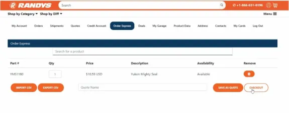 Screenshot of Randys Order Express page with checkout option.