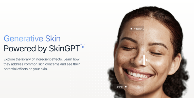 Generative Skin ad showing a woman's face with skin improvement using SkinGPT.