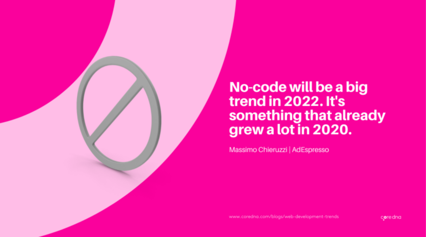 Quote on no-code trend in 2022 by Massimo Chieruzzi on pink background.