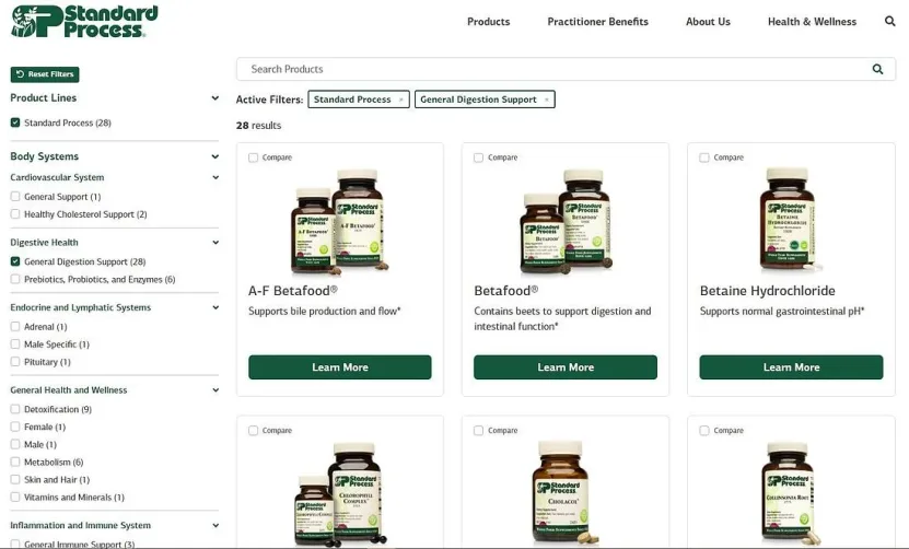 Standard Process supplements for digestion support with product comparisons.