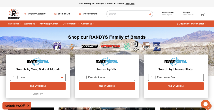 RANDYS auto parts website with search portal by year, VIN, and license plate.