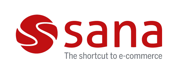 Sana e-commerce logo with red text and slogan on black background.