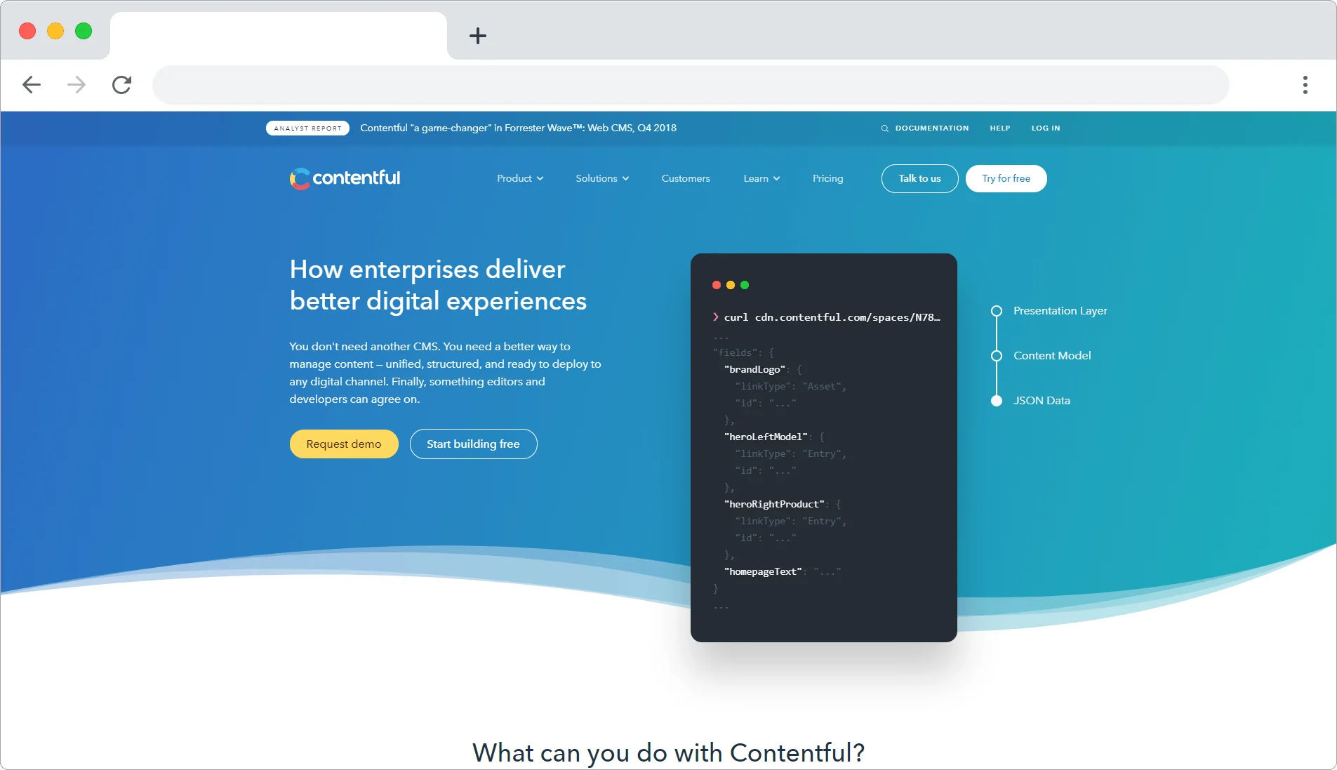 Contentful homepage showcasing digital experience platform features with code snippet on blue background.