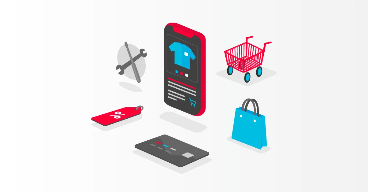 Graphic of ecommerce elements including shopping cart, mobile, and discount tag