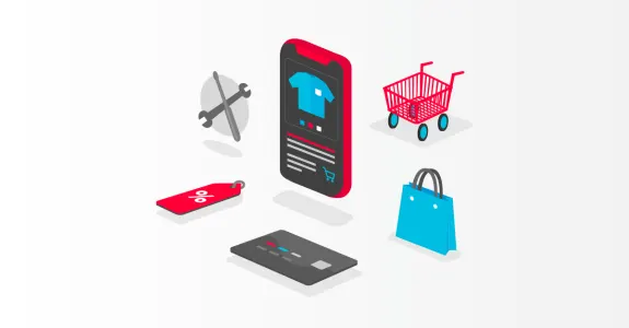 Graphic of ecommerce elements including shopping cart, mobile, and discount tag