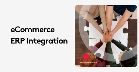 Top view of diverse team joining hands on puzzle with text eCommerce ERP Integration.