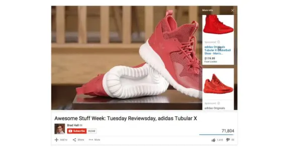 Red Adidas Tubular X sneakers displayed on a YouTube review video screen.