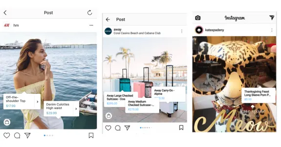 Three Instagram posts featuring fashion, luggage, and sunglasses for shopping.