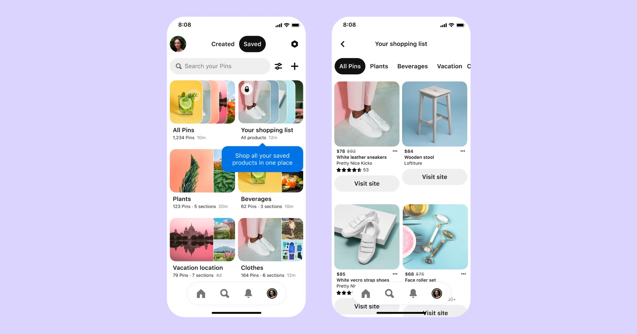 Mobile app interface showing shopping list and saved pins on a lavender background.
