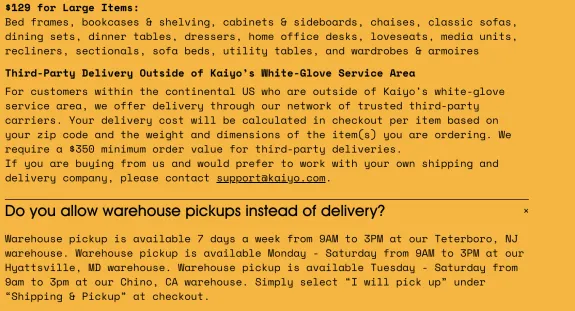 Kaiyo delivery options and warehouse pickup details on yellow background.