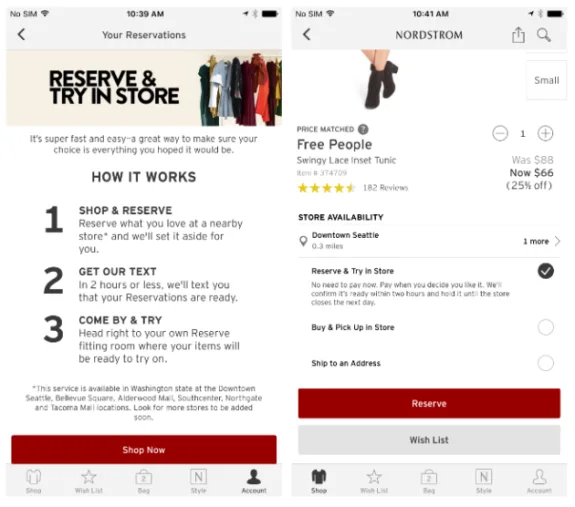 Nordstrom app showing Reserve & Try in Store feature with instructions and product details.