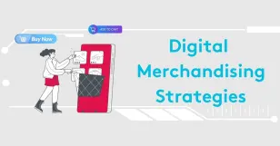 Illustration of digital merchandising strategies with person interacting with online store