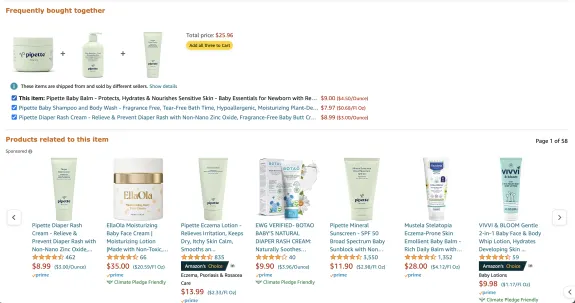 Amazon page showing Pipette baby products with frequently bought together and related items sections.