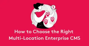 Illustration of person with globe and location icons on choosing CMS