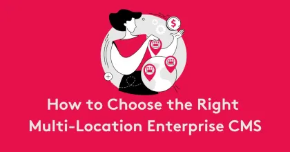 Illustration of person with globe and location icons on choosing CMS