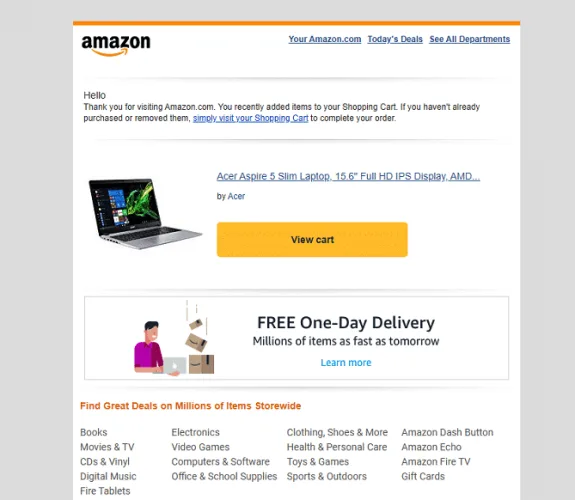 Amazon email notification featuring Acer Aspire 5 laptop in shopping cart with free delivery offer.