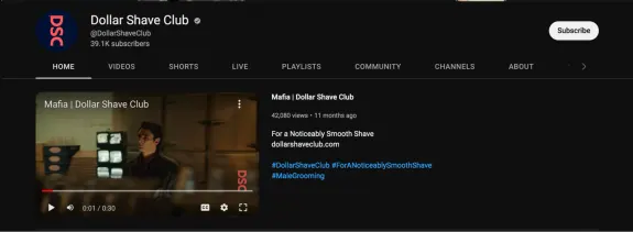 Dollar Shave Club YouTube channel video preview showing Mafia video thumbnail.