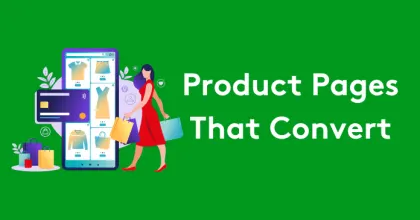 Illustration of a woman shopping online with a mobile device displaying product pages.