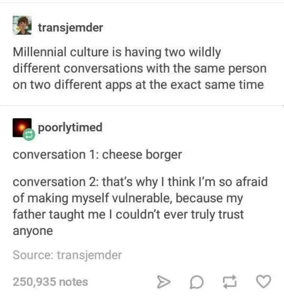 Meme about millennial culture having different conversations on two apps simultaneously.