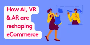 Illustration of AI, VR, and AR in eCommerce with two people using virtual devices.