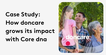 Family smiling in park, promoting Doncare case study with Core dna.