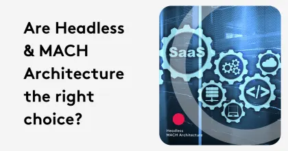 Digital graphic with gears and icons representing SaaS and MACH architecture concepts.