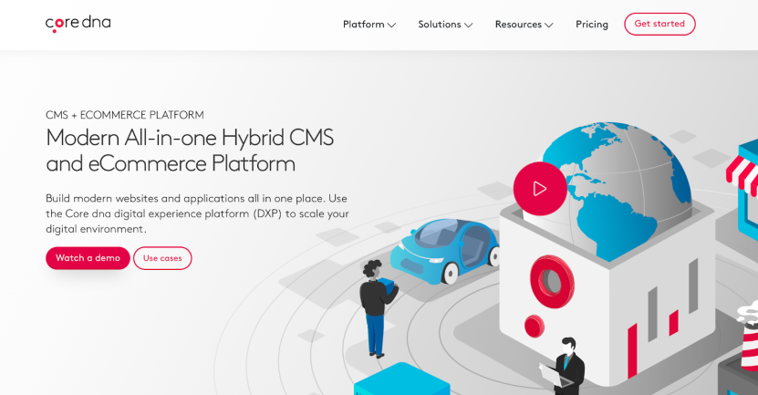 Core dna hybrid CMS and eCommerce platform with globe and digital icons.